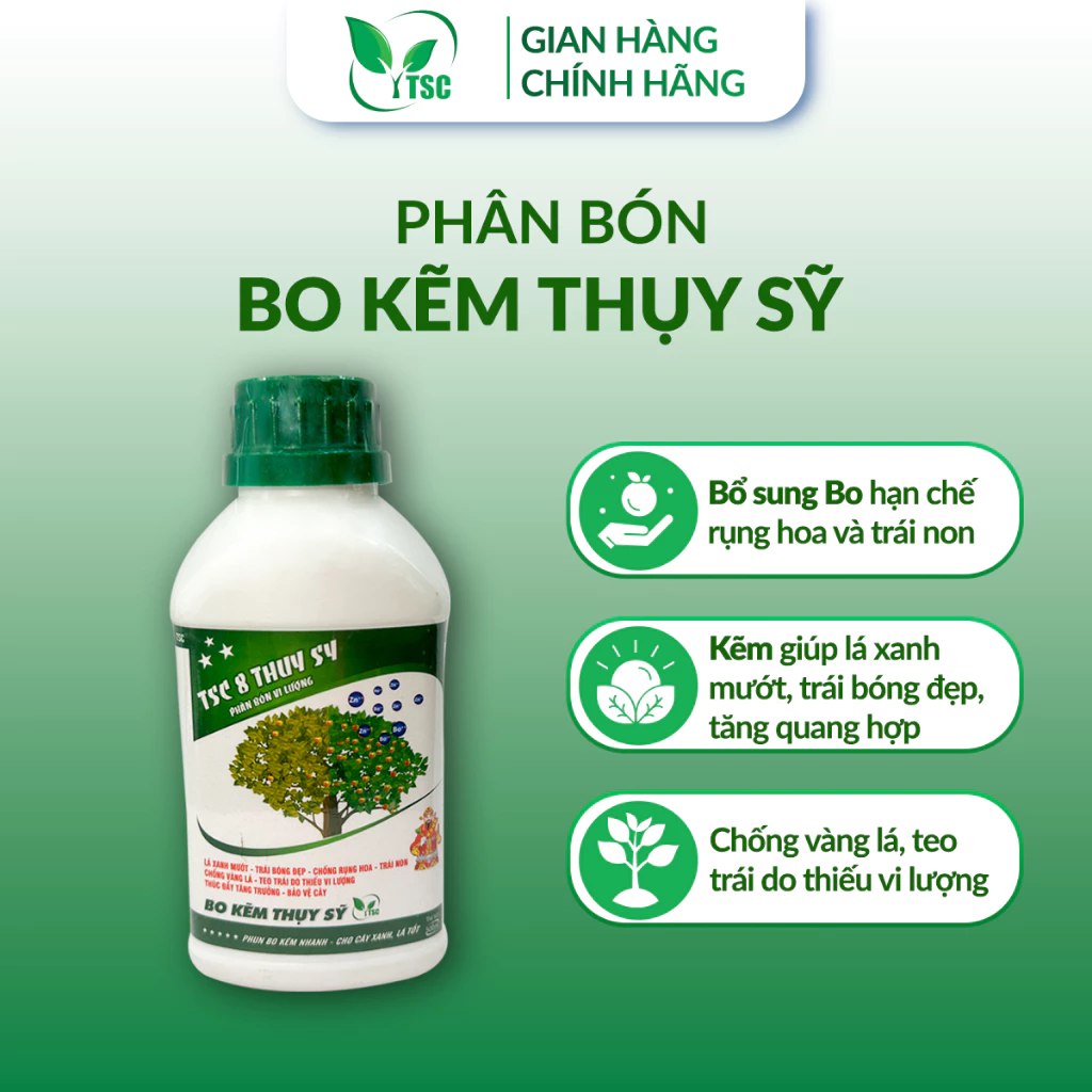Phân bón Bo Kẽm Thụy Sỹ - Chai 500ml Phân Bón BO KẼM Thụy Sỹ Hạn Chế Rụng Hoa Trái Non, Lá Xanh Mướt, Dày Lá, Trái Bóng Đẹp - Chai 500ml
