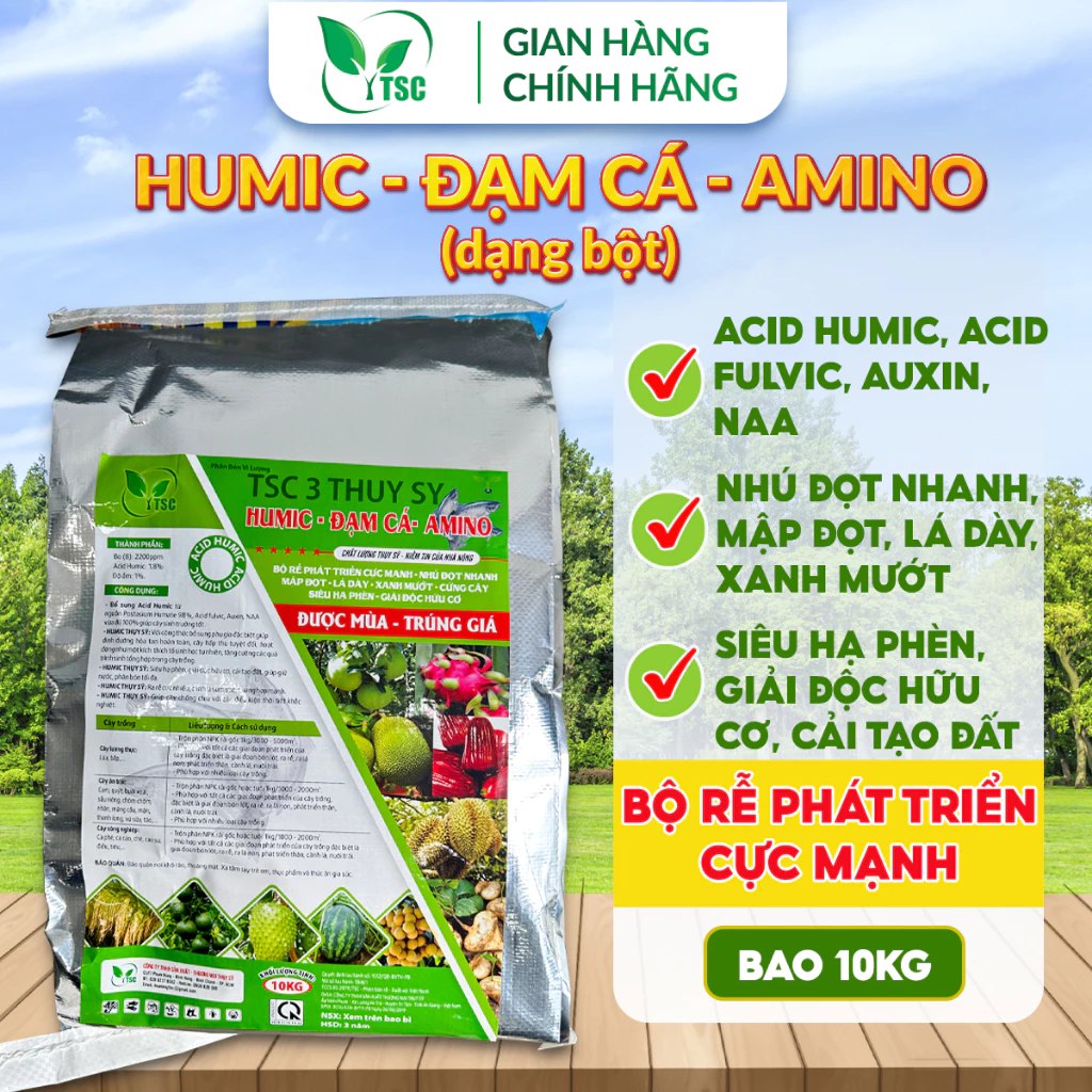 Phân bón Humic Đạm Cá Amino (Dạng bột) - Bao 10kg Phân Bón Humic Đạm Cá Amino Thụy Sỹ, Bộ Rễ Phát Triển Cực Mạnh, Nhú Đọt Nhanh, Dày Lá - Bao 10kg