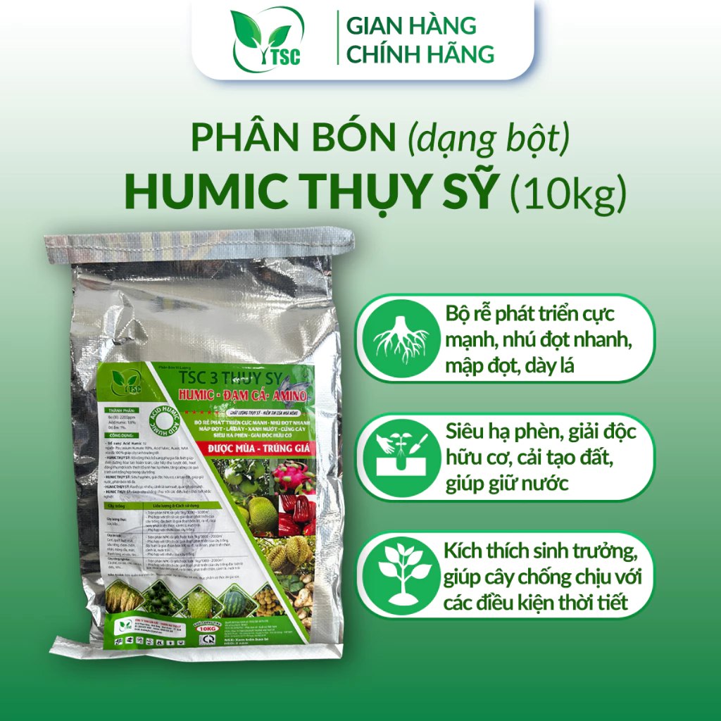 Phân bón Humic Đạm Cá Amino (Dạng bột) - Bao 10kg Phân Bón Humic Đạm Cá Amino Thụy Sỹ, Bộ Rễ Phát Triển Cực Mạnh, Nhú Đọt Nhanh, Dày Lá - Bao 10kg